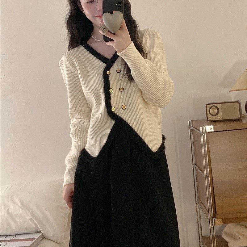 Женский осенне-зимний двубортный вязаный кардиган с V-образным вырезом и яркими цветами