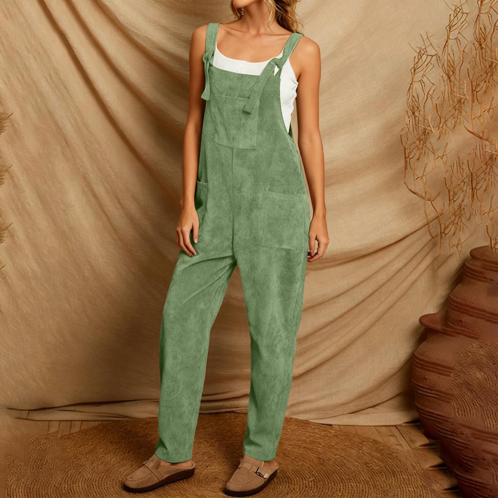 Women's Solid Color Corduroy Wide Leg Overalls Sleeveless Vest Pocket Casual Jumpsuit