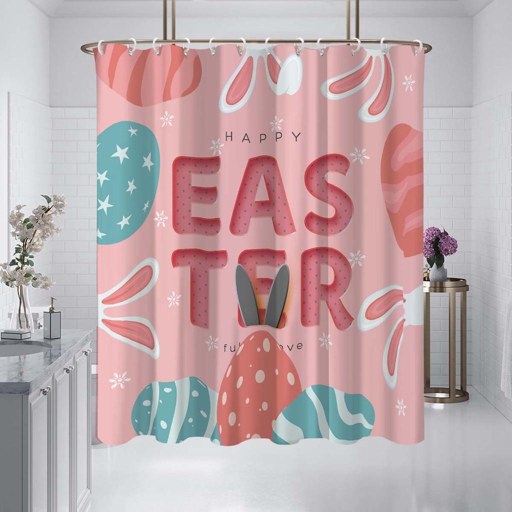 1PC Easter Bunny Easter Egg Decoration Shower Curtain, Playful rabbit theme With 12 hooks,Spring Holiday Bathroom Decoration