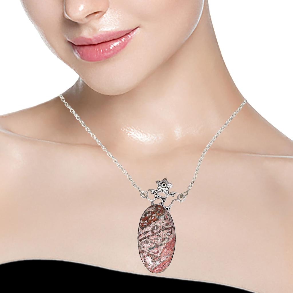 Leopard Jasper Gemstone Mother's Day Handmade Silver Jewelry Necklace 20 in