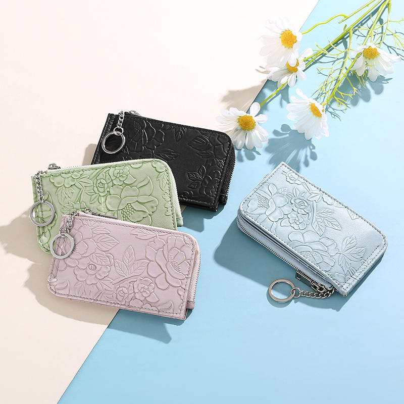 Card Holder Multiple Card Slots Zipper Card Bag Embossed Design Large Capacity Coin Purse Card Bag Wrist Strap Hand-Held Bag With Key Ring