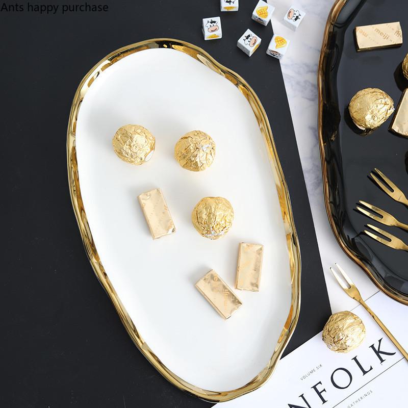 Керамическая тарелка для закусок и конфет, неправильной формы, тарелка для сухофруктов, поднос для хранения для дома и гостиной, декоративный поднос с золотой каймой для кофейного столика