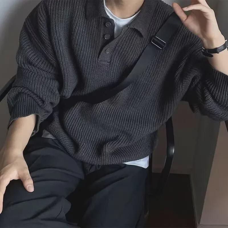 Men's Hong Kong Style Polo Collar Sweater: Autumn/Winter Loose Fit, Long Sleeve, Solid Color Lapel Top