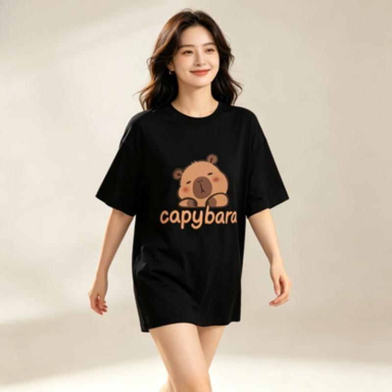 Unisex Modal Tshirt Capybara Cute Cartoon Print Short Sleeve Crewneck Casual Animal Lover Graphic Tee Black White