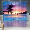 Beach Shower Curtain Tropical Seaside Plam Trees Shower Curtain Sunset Ocean Waves Shower Curtain Blue Sky Coastal Sun with Hook
