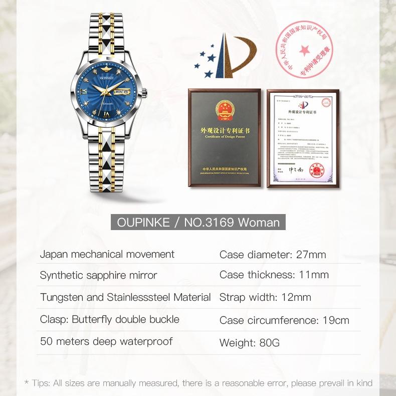 OUPINKE Часы из вольфрамовой стали с бриллиантами, водонепроницаемые автоматические механические часы, женские часы