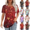 Women's Valentine's Day Love Heart Print Short Sleeve Loose Round Neck Pleated Top