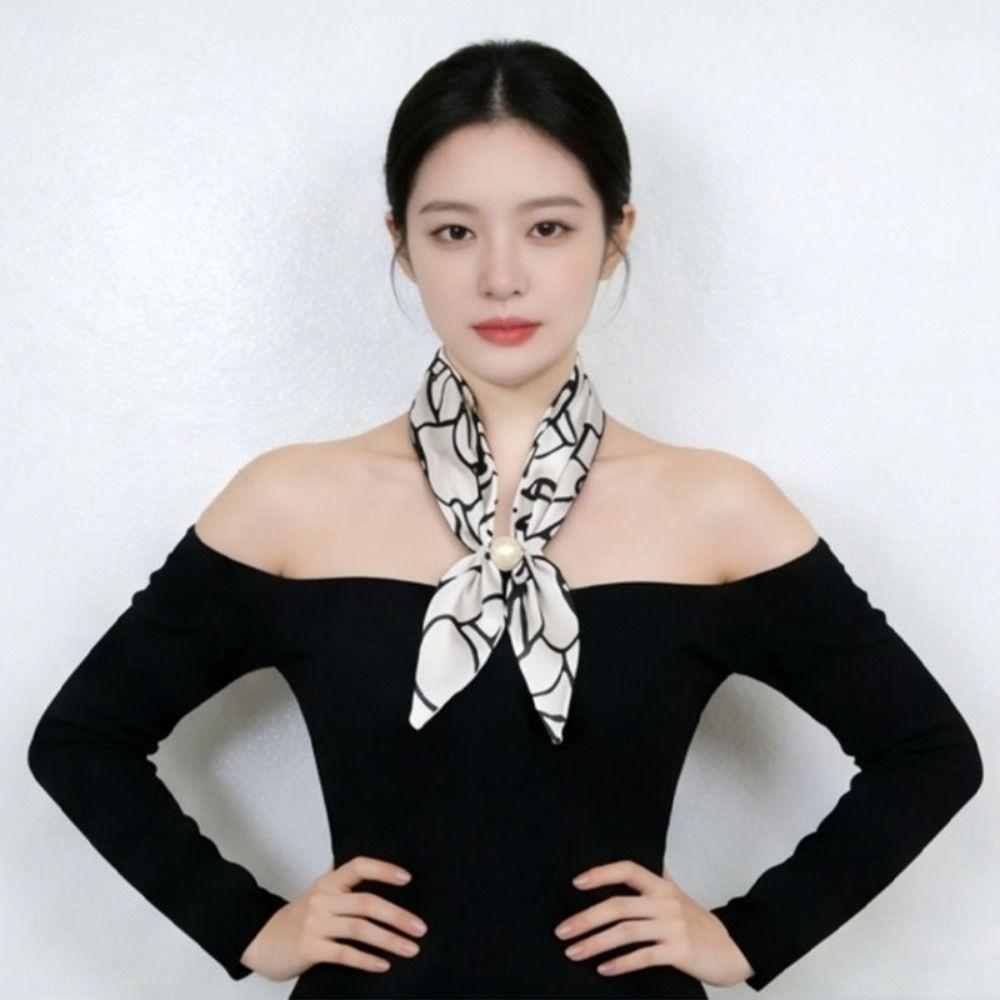 No Tie Silk Scarf Magnetic Pearl Buckle Women Neckerchief Sun Protection Satin Neck Scarf  Summer