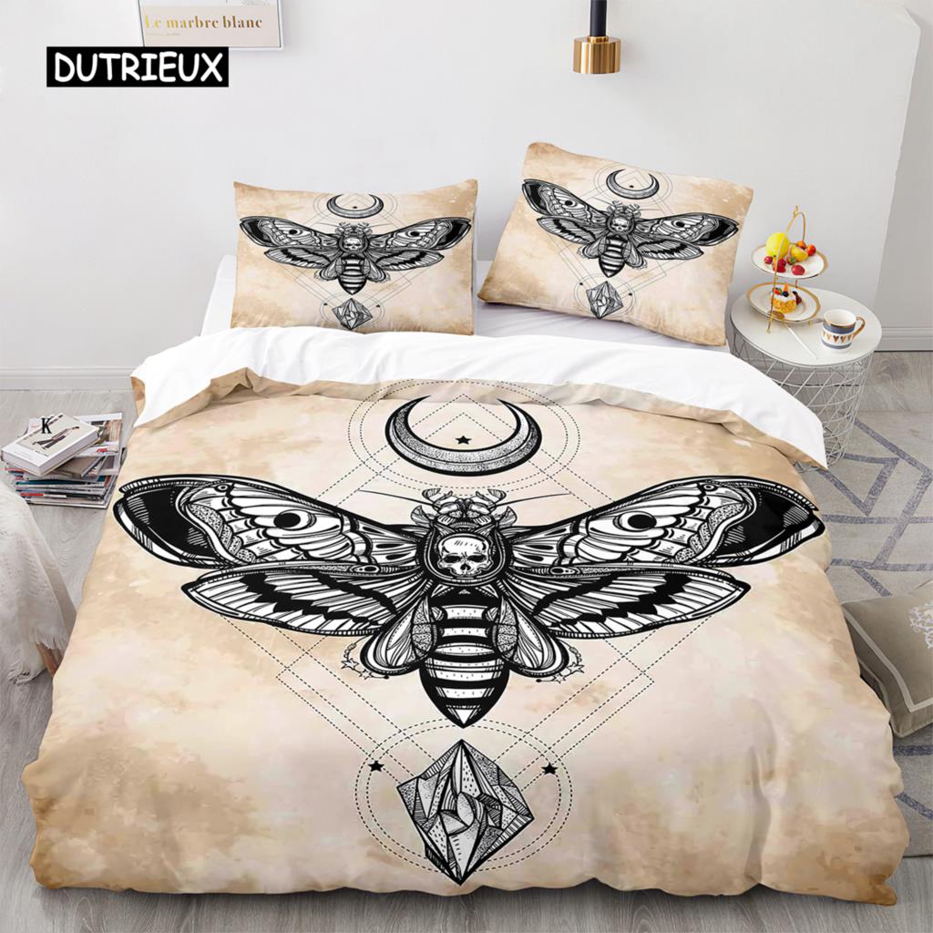 Комплект постельного белья Death Moth Queen Size Gothic Skull Boho, комплект постельного белья с черно-белым декоративным рисунком скелета