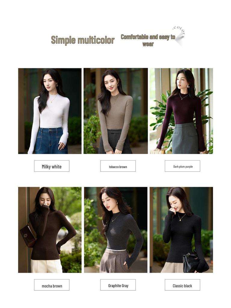 Autumn Women's Half High Neck Knitted Wool Sweater - Slim Fit, Long Sleeve, Plus Size, Elegant Top