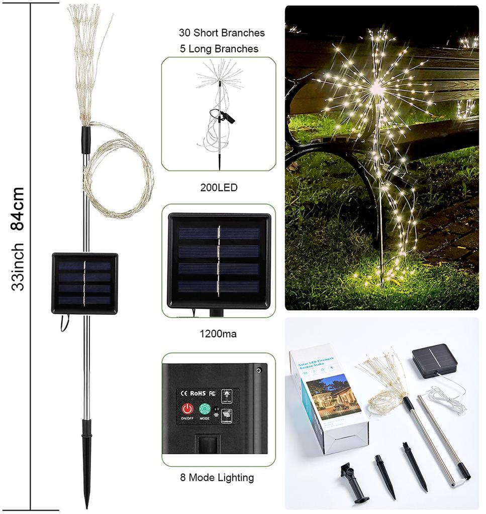 Солнечный фейерверк, светильник для фейерверка на открытом воздухе, садовая лампа Starburst, 200 светодиодов, 35 медных проводов, рождественская гирлянда для декора сада