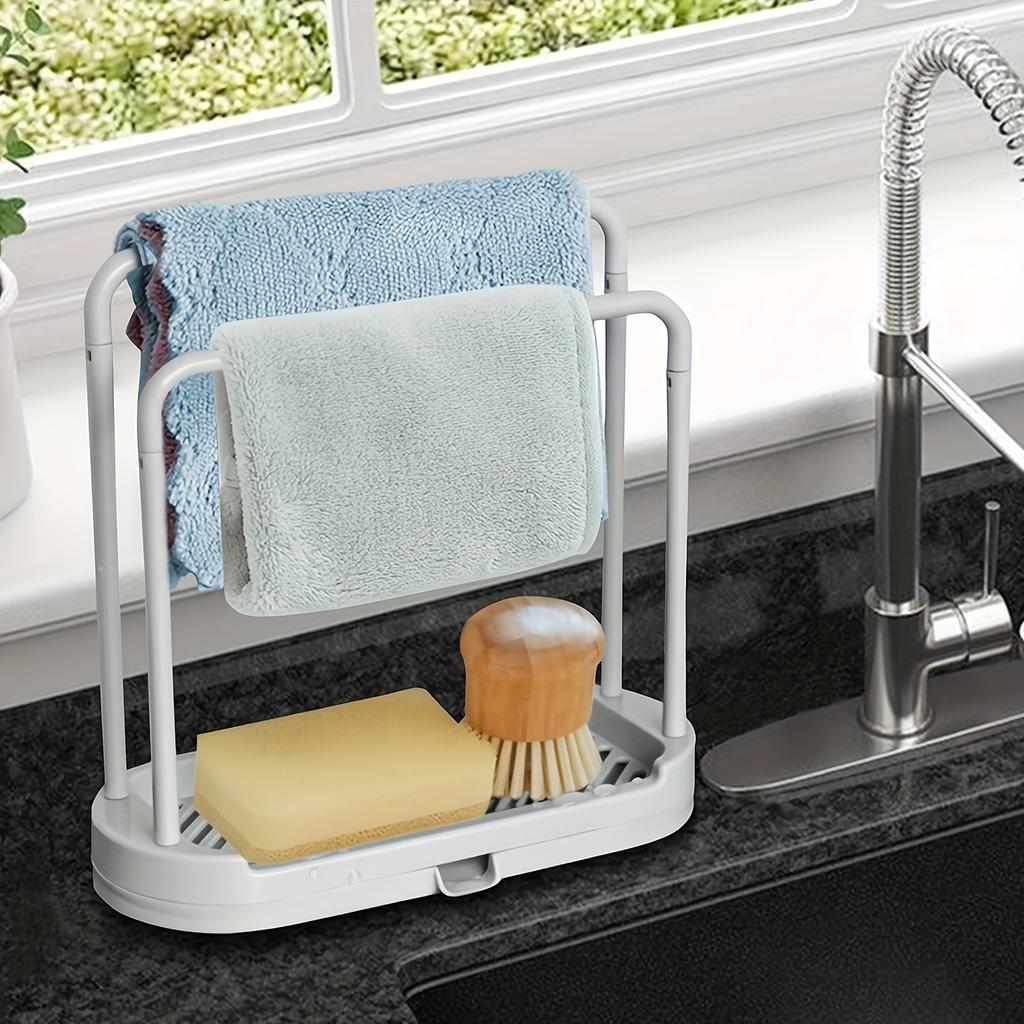 Space-Saving White Plastic Kitchen Sink Organizer - Multi-Functional Towel and Sponge Holder with Drainage Rack, Suitable for Stalls and Home Use