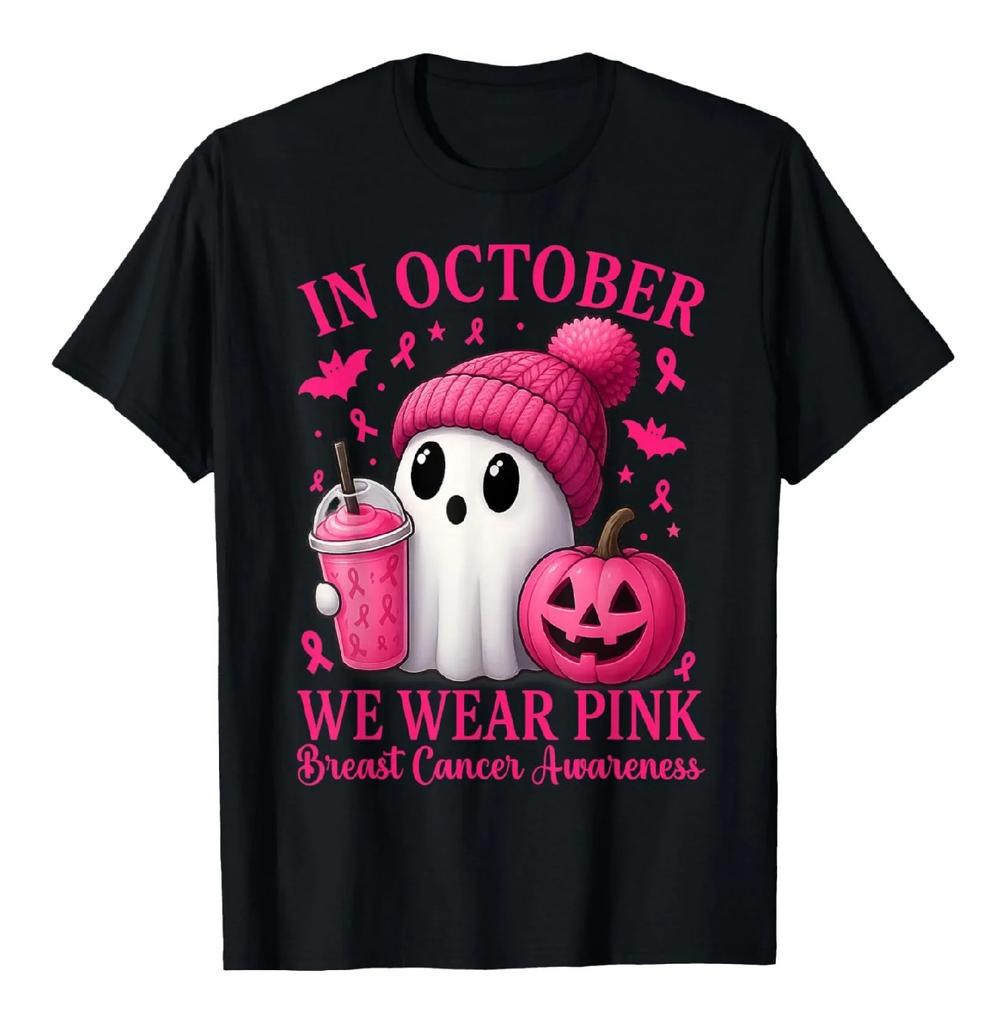 Breast Cancer Awareness Ghost Pumpkin Drink Halloween Graphic T-Shirt Soft Cotton Tee