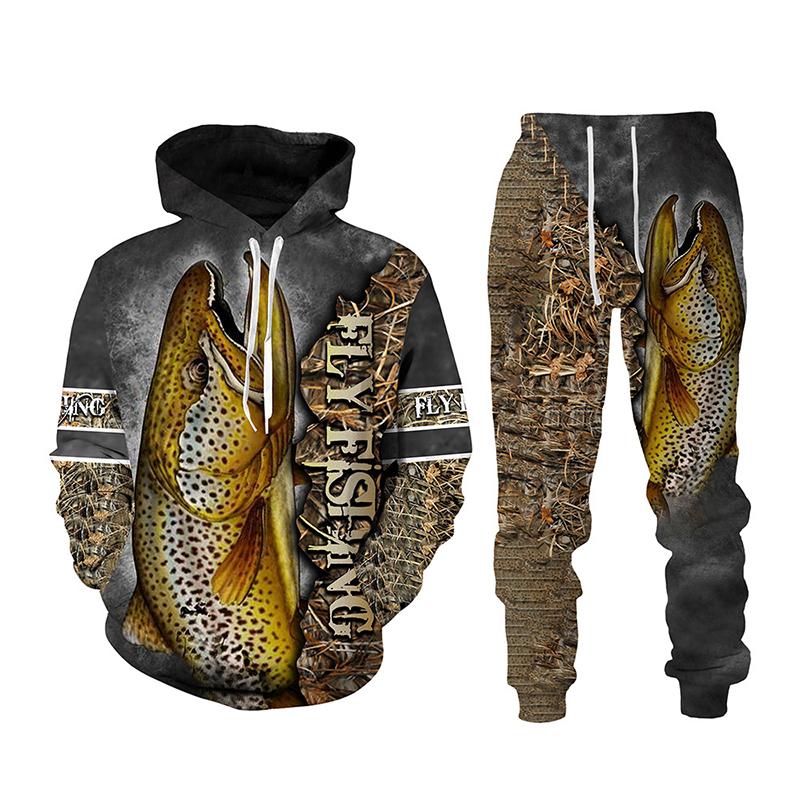 Весна-Осень с 3D принтом рыбы для мужчин и женщин толстовка + брюки комплекты из 2 предметов камуфляжная одежда для рыбалки, охоты и кемпинга модная спортивная одежда на открытом воздухе комплект