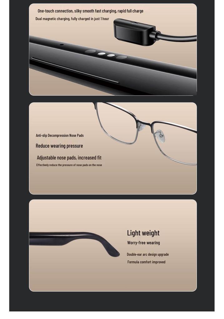 Smart Bluetooth Glasses GS06: Metal Frame, Magnetic Charging, Photochromic Lenses, Stereo Sound.