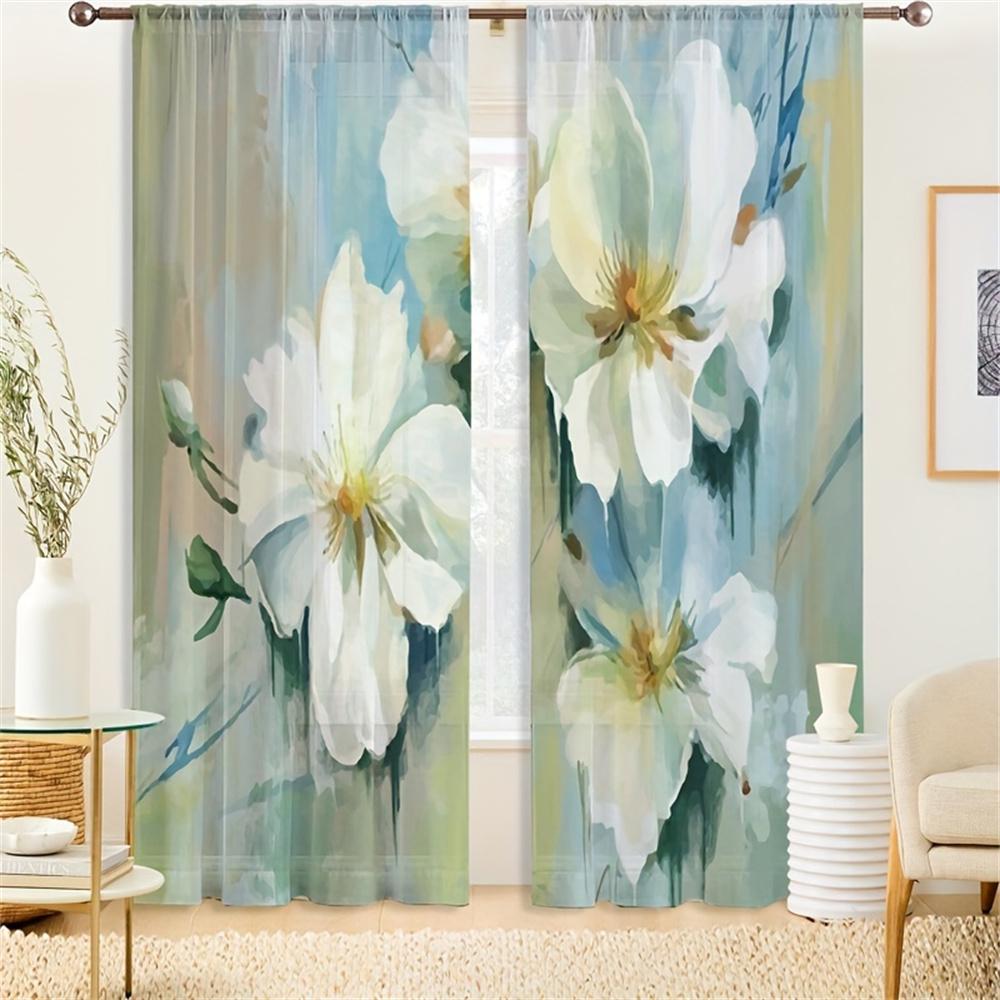 2Pcs Luxury Blue Floral Flower Vase Girl Window Treatment Curtains Blinds For Living Room Kids Bedroom Kitchen Door Home Decor