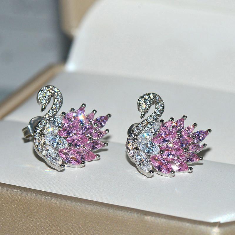 Hot-selling wish platinum purple diamond zircon swan silver needle earrings, slightly inlaid high-end versatile