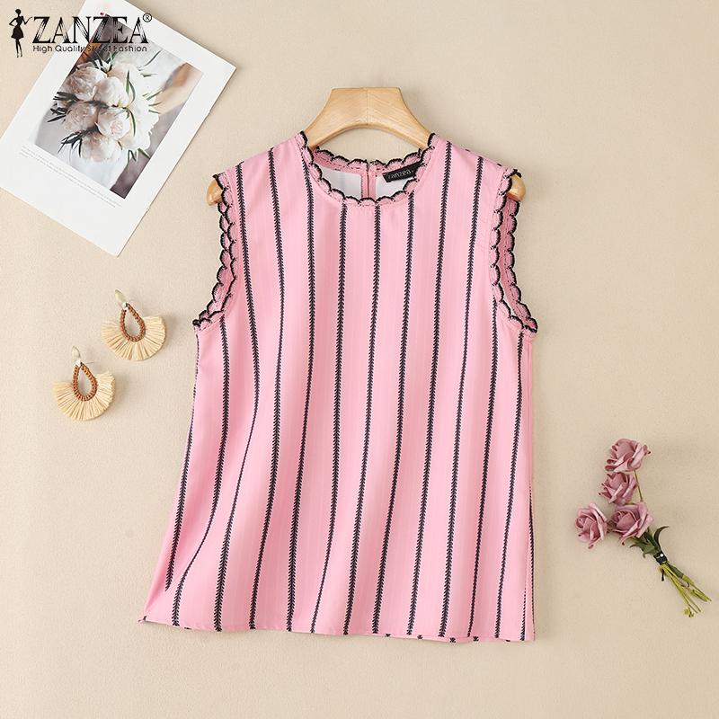 ZANZEA Женские повседневные майки без рукавов с круглым вырезом и полосатым принтом для лета