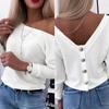Autumn Long Sleeve Chic Back Buttons Pullovers Shirts Women Street Elegant Slim Fit Casual Blouse Women Tops Fashion Solid Skew Collar Shirt 25433