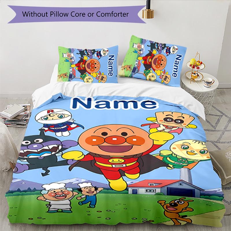 3pcs Anpanman Cover Set - Personalized Name, HD Printed Bedding with 1 Cover and 2 Pillowcases - Perfect for Home Decor, Easy Care