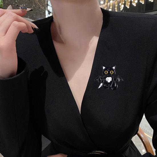 Enamel Craft Brooch Halloween Cartoon Black Cat Skeleton Shape Alloy Badge Compact Size Lapel Pin Easy to Fall Off Accessory