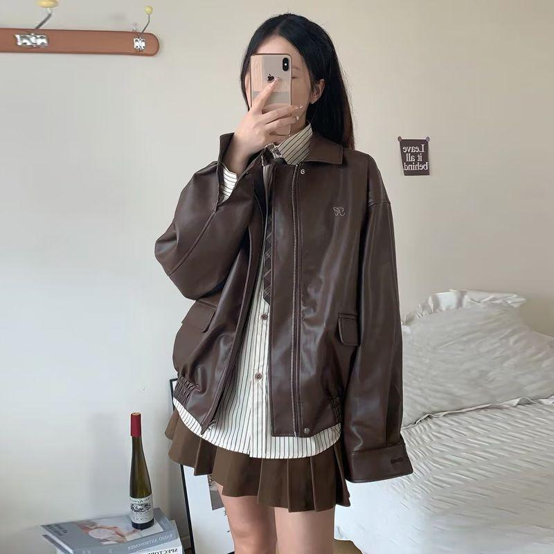 Винтажная кожаная женская укороченная куртка свободного кроя в корейском стиле, стильная куртка для мотоциклистов, миниатюрная, осень, новое поступление