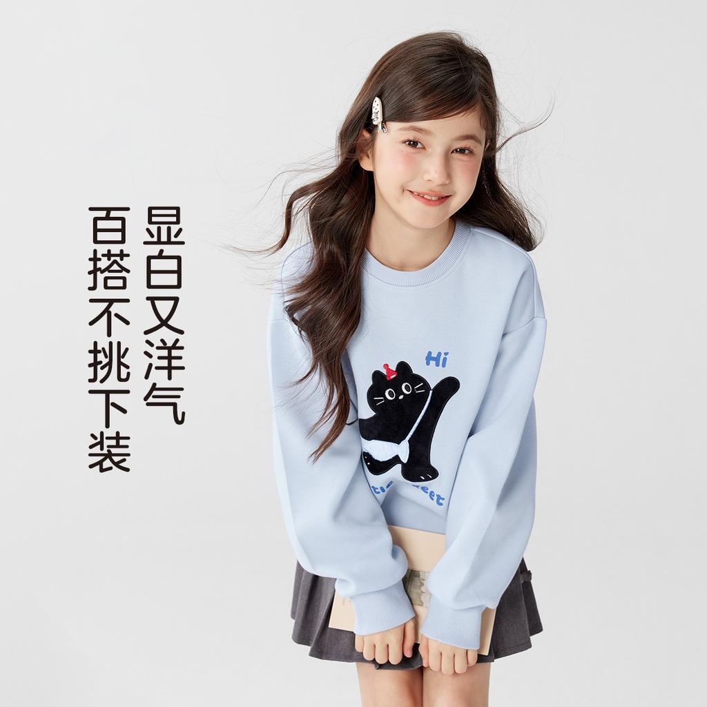 Left West Children's Clothing Girls' Hoodie 2026 New Spring Children's Cartoon Kitten Comfortable Milk Cotton Pullover Top
