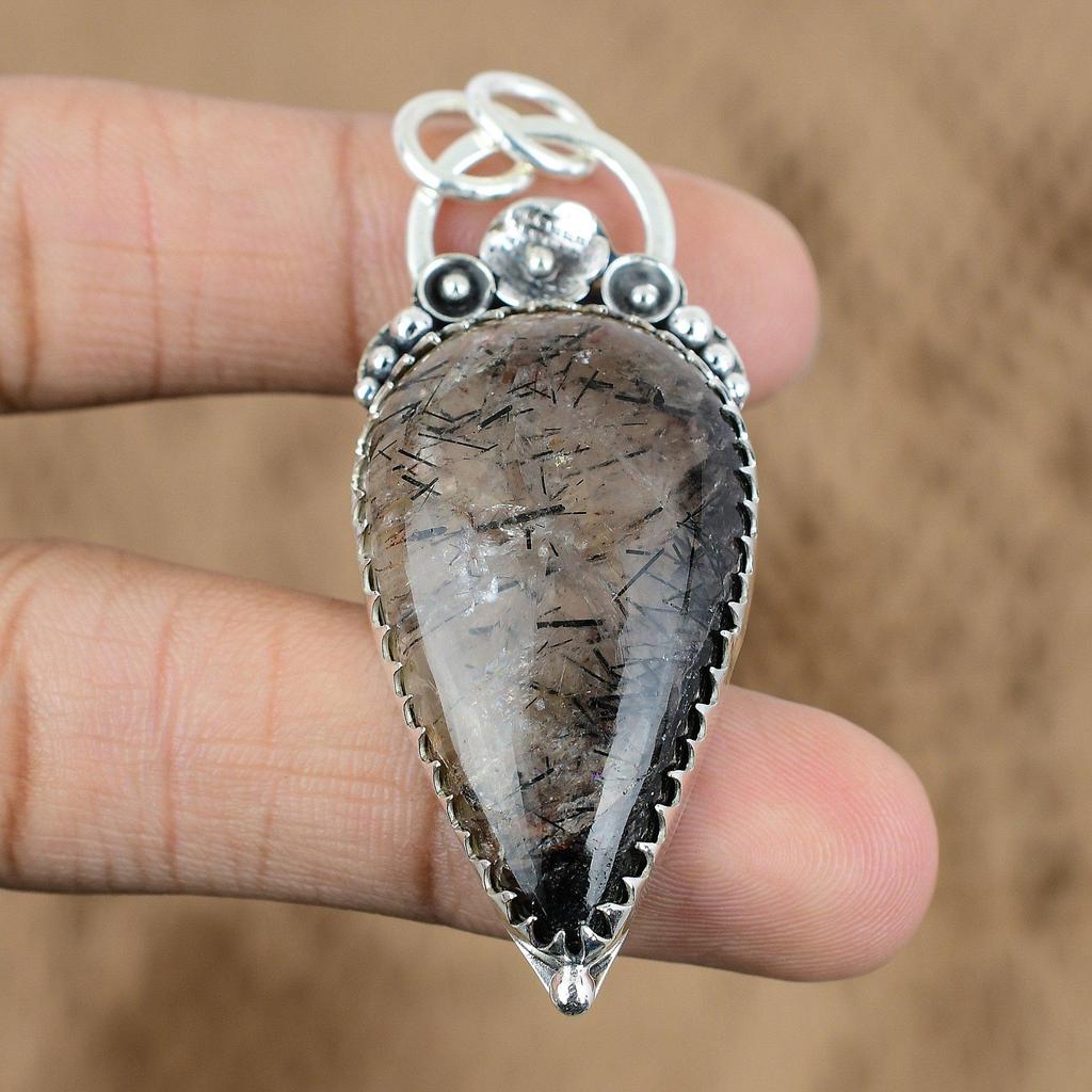 Wedding Gift For Her 925 Silver Natural Black Rutile Gemstone Pendant Flower