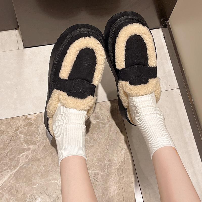 Fashion Fluffy Slippers Women's New Autumn and Winter Thick-bottomed Warm Bag Head Solid Color Half-tray Cotton Slippers