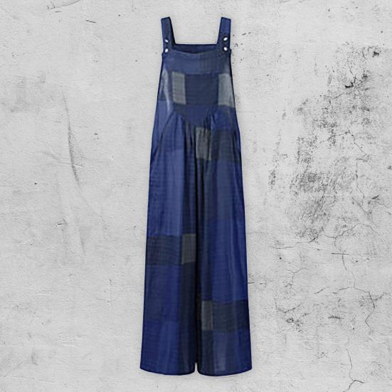 Sleeveless Square Collar Jumpsuit Pockets Wide Leg Ankle Length Retro Plaid Pattern Suspender Playsuit Streetwear