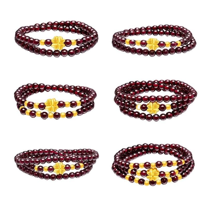 Gilt Pixiu Bracelet Women Imitation Gold Garnet Bracelet Lady Lucky Golden Balls Four-Leaf Clover Lucky Beads 3D Hard Pure Gold