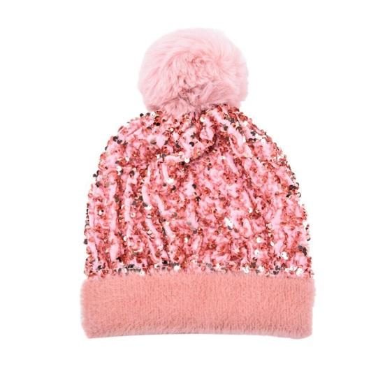 Женская вязаная шапка с плюшевым помпоном, украшенная блестящими пайетками, шапка без полей, зимняя теплая пушистая панама, головной убор