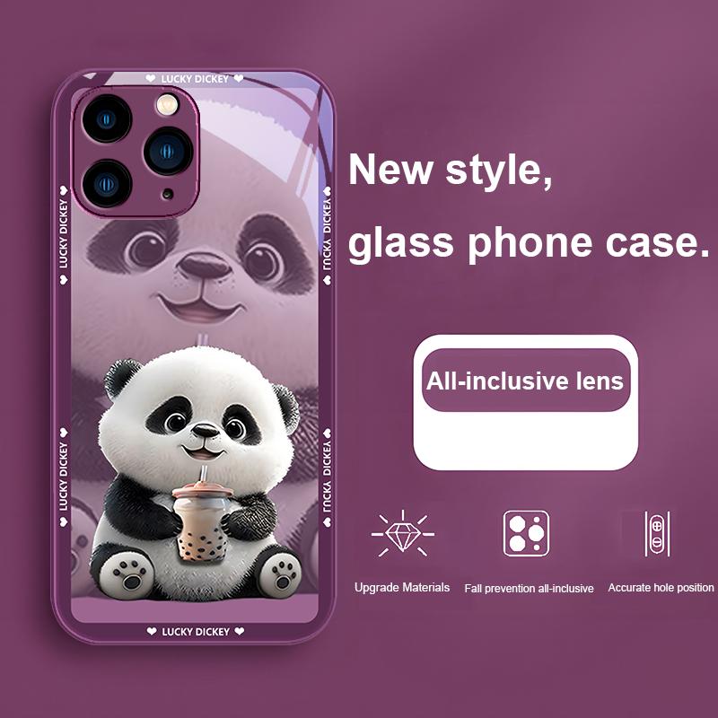 Purple Metallic Paint Tempered Glass Phone Case for Iphone 14 13 12 11 Pro Max X XS XR 7 8 Plus 2020 SE Cute Panda with Milk Tea