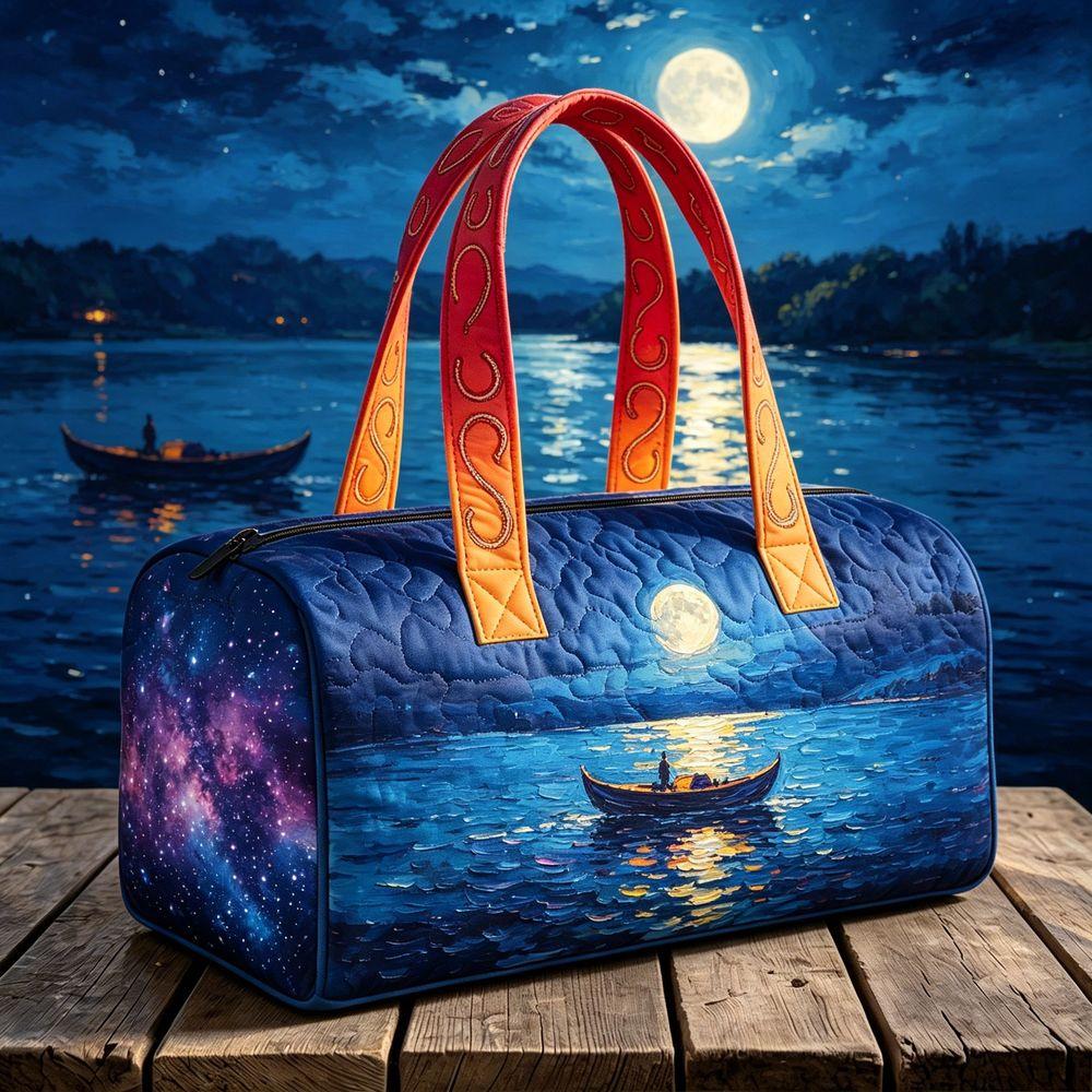 Quilted Duffle Bag with Moonlit Lake Print - Artistic Weekender Travel Tote for Overnight Trips Gym