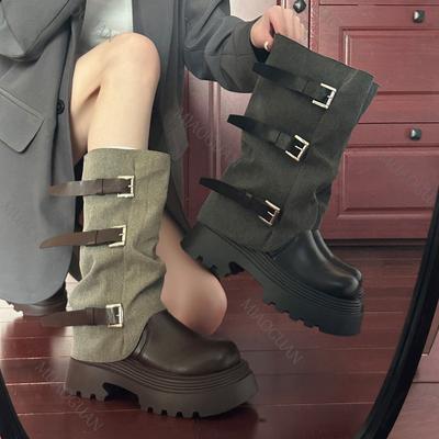 Модные женские ковбойские полусапоги до середины икры, на толстой подошве, с напуском на брюки, длинные рыцарские боты, осенние, с пряжкой на ремне, в ретро-стиле, на массивном каблуке