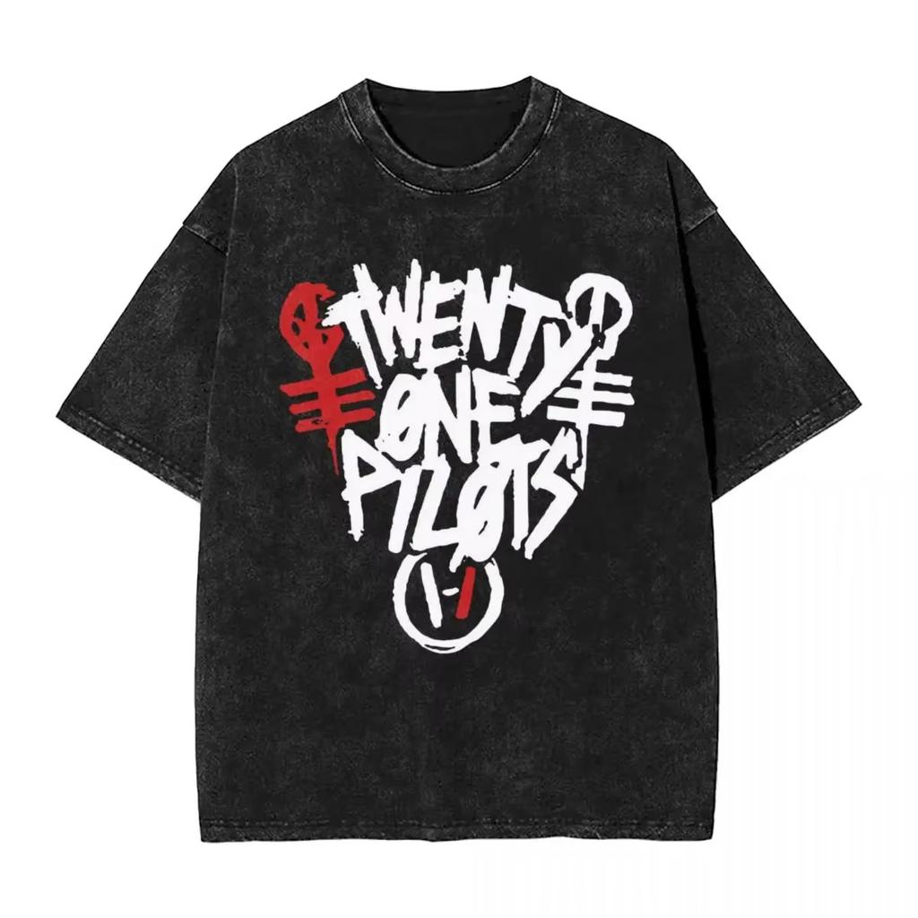 Twenty One Pilots Men Women Washed Stamping Print T-Shirt Harajuku Cotton Tshirt Band Men's Short Sleeve Top Tees