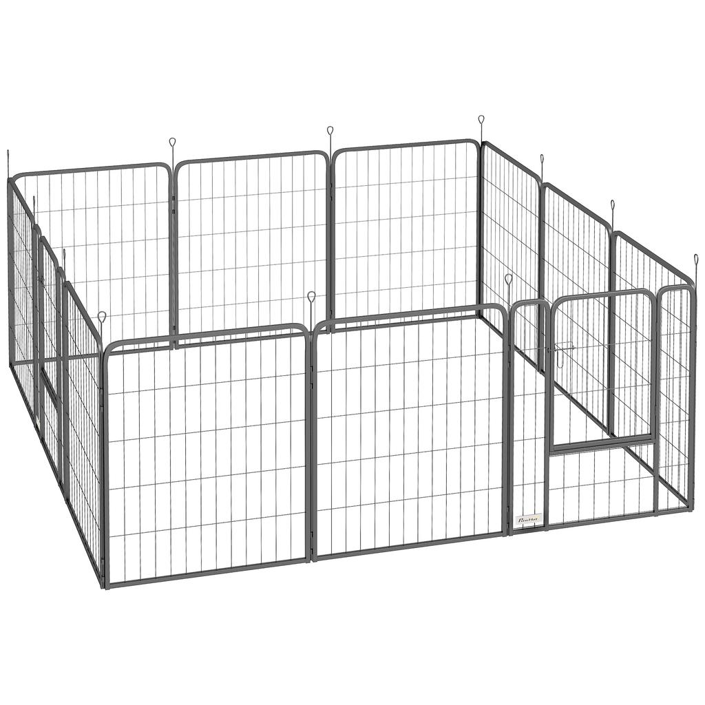 12-Panel Modular Dog Playpen, 68x1.5x80cm, Black Steel, with Entrance Door