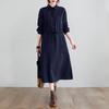 2025 Autumn Korean Style Cotton-Linen Polo Collar Elegant Long Sleeve Shirt Dress