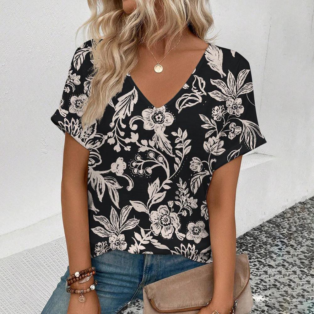 Elegant Women's V-Neck T-Shirt Fashion Floral Pattern Print T-Shirt Popular Women's Short Sleeve T-Shirt Summer Leisure T-Shirt