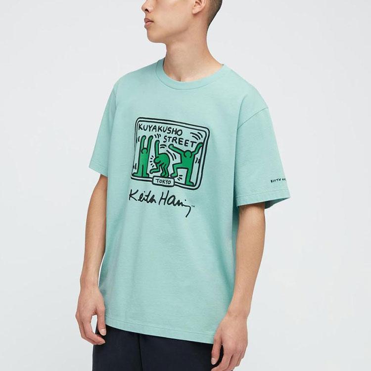 Uniqlo X Кит Харинг X Токио Графический Мультяшный Принт Футболка с Круглым Вырезом с Коротким Рукавом Унисекс Футболки Светло-Зеленый 437537-52