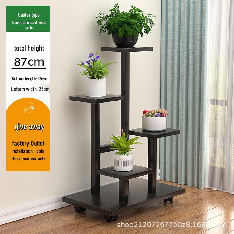 Multi-Layer Wrought Iron Flower Stand with Wheels: Movable Floor-Standing Rack for Living Room or Balcony