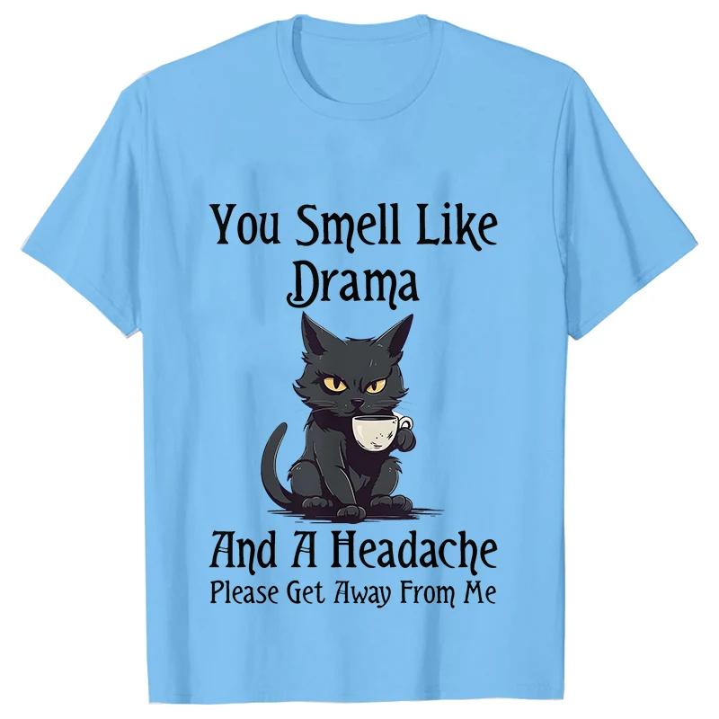 Black Cat Coffee T-shirts Women Pet Cartoon Tshirts You Smell Like Drama Print Women's Clothing Cat Mom Women Tee T-Shirts Women’s