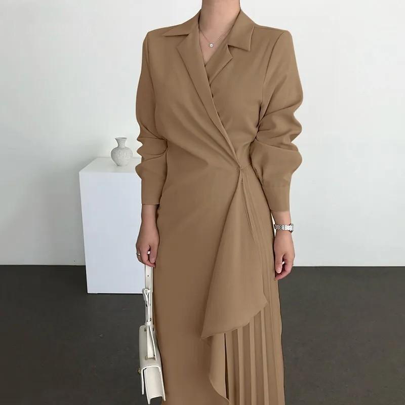 Dresses For Women 2024 Pleated Formal Elegant Shirt Long Dress Office Lady Muslim Vintage Solid Color Suit Evening Vestido