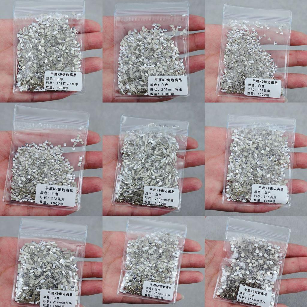 Super Flash K9 White Crystal Flat Bottom Inverted Edge Nail Art Diamond Prism 1:1 Imitation Huazi Inverted Edge Does Not Fall Off The Bottom Nail Art