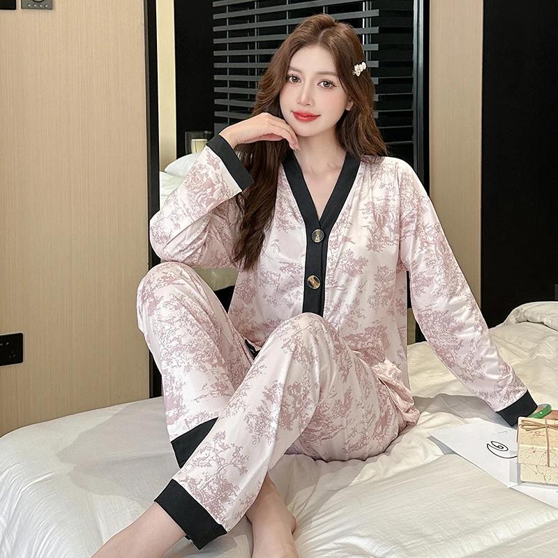 Новые осенние женские пижамы больших размеров с черным чернильным принтом, с длинными рукавами и V-образным вырезом, комплекты домашней одежды, стильные модные повседневные пижамы