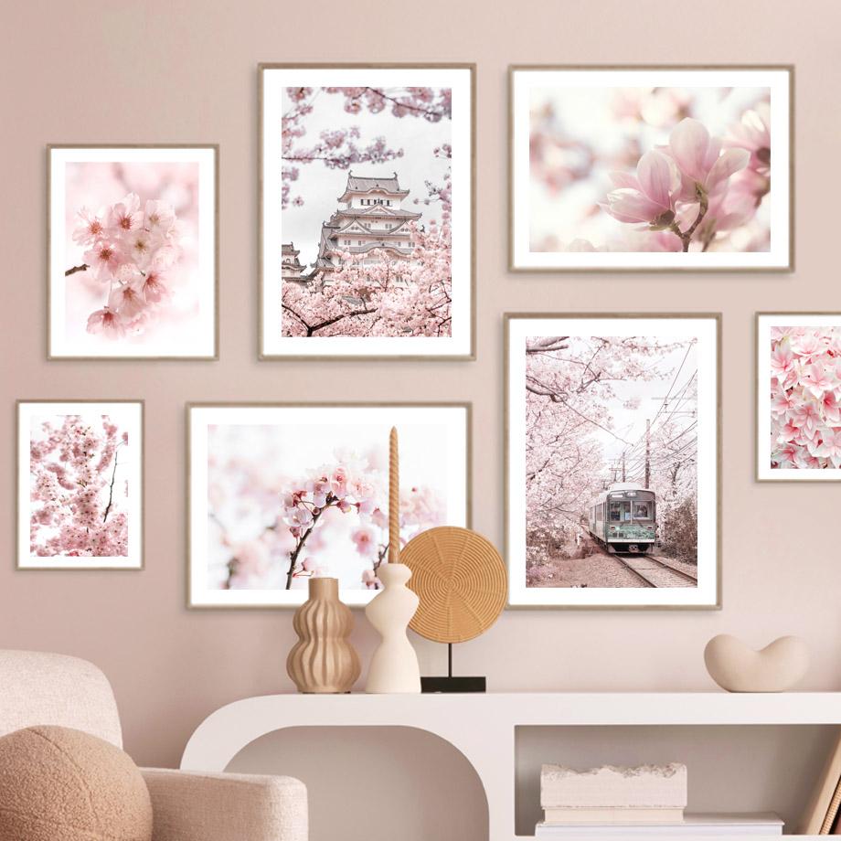 Розовые вишни в цвету Поезд Башня Париж Велосипед Скандинавские постеры и принты Картина на холсте Настенные художественные картины Гостиная Домашний декор