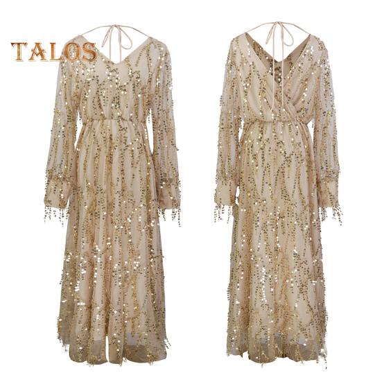 Женское вечернее платье с пайетками, кисточками, V-образным вырезом, длинными рукавами, А-силуэтом, плиссированным двухслойным платьем с тонкой талией и регулируемыми бретелями для свадебного коктейля