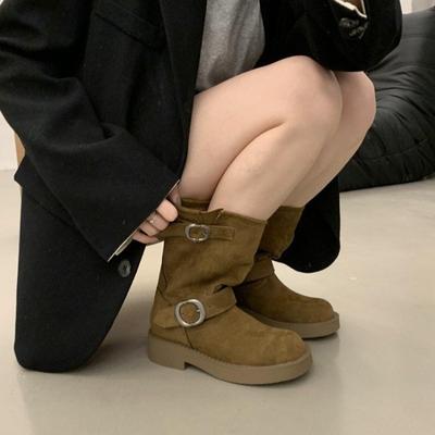 Новый стиль Бренд Женская обувь Модная отделка пряжками Женские ботинки Круглый носок Однотонные На низком каблуке Короткие ботинки-казаки