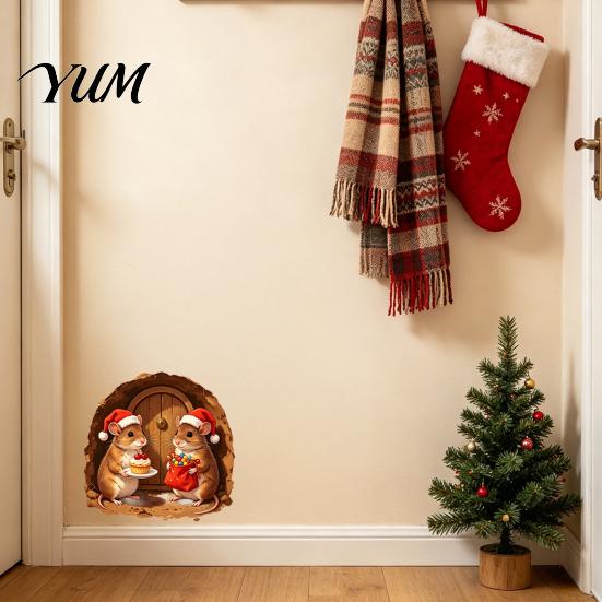Santa Hat Mouse Decor 3D Hole Wall Sticker for Christmas Decoration, Realistic Decal, Waterproof PVC Stickers Art Home Window Bathroom Glass