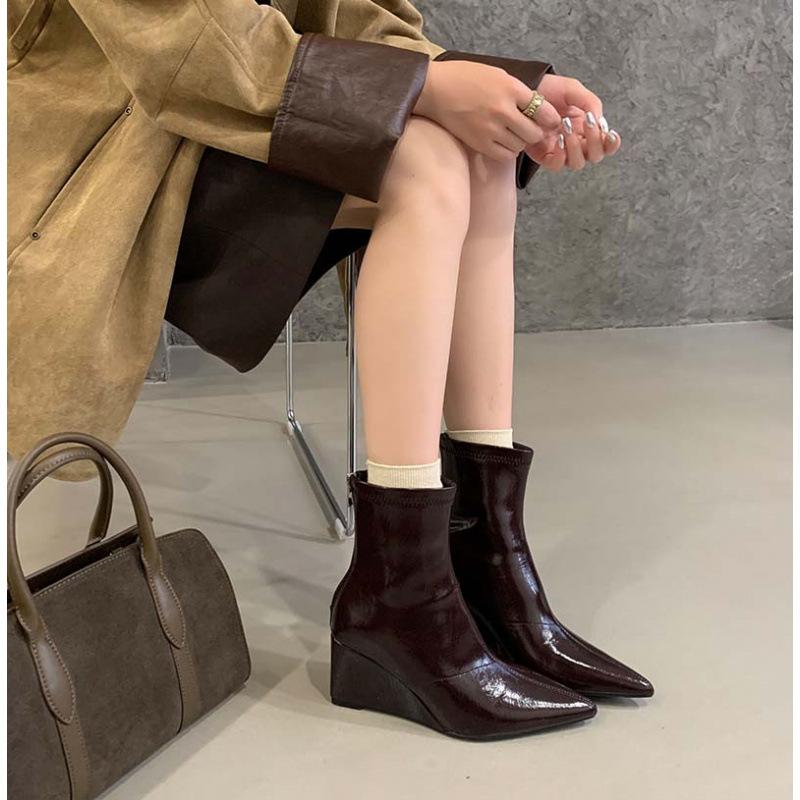 Slope Heel High Heel Short Boots 2025 New Autumn and Winter Pointed Elastic Thin Boots Black Retro Versatile Martin Boots Women